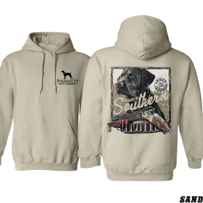 Straight Up Southern Hoodie - Hunting Dog and Shotgun Design