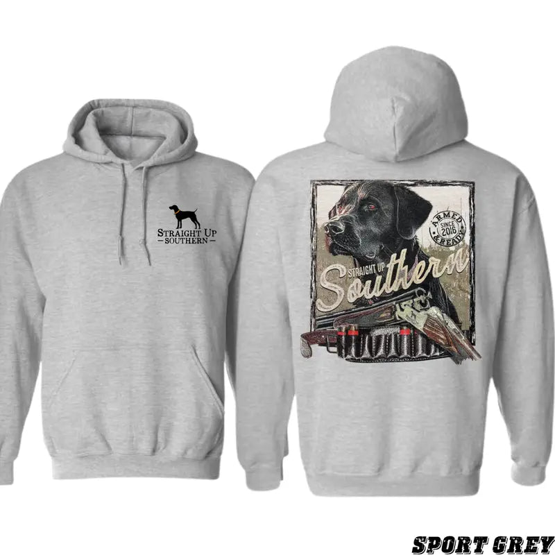 Straight Up Southern Hoodie - Hunting Dog and Shotgun Design